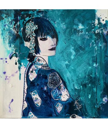 CHRISTY - Geisha azurée (tableau, encre et aquarelle / papier) Economisez 