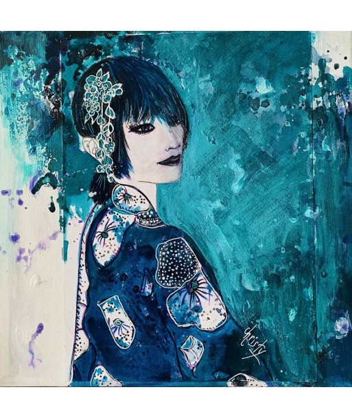 CHRISTY - Geisha azurée (tableau, encre et aquarelle / papier) Economisez 