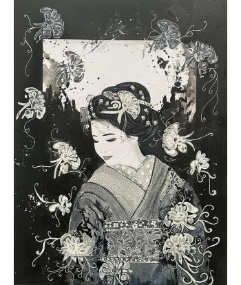 CHRISTY - Delicateness in black and white  (tableau,  encre, et acrylique / papier  marouflé sur toile) livraison gratuite