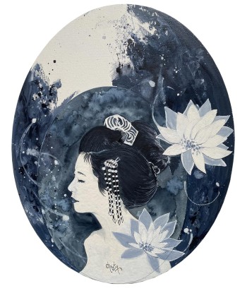 CHRISTY - Blue Fuyo  (tableau,  aquarelle, et acrylique / papier  marouflé sur toile français