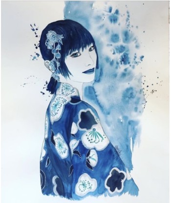 CHRISTY - Azur look at the blue kimono , tableau figuratif aquarelle et pigments naturelles sur papier shop