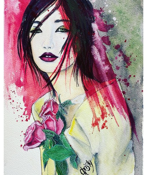 CHRISTY - Sensuality with roses, tableau figuratif aquarelle sur papier aquarelle pour bénéficier 