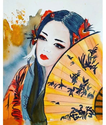 CHRISTY - Orange sensu and white feather, tableau figuratif aquarelle et pigments naturelles sur papier prix