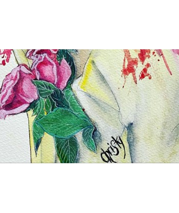 CHRISTY - Sensuality with roses, tableau figuratif aquarelle sur papier aquarelle pour bénéficier 