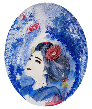 CHRISTY - Geisha at the red flowers, portrait de femme réalisé à l'aquarelle Venez acheter