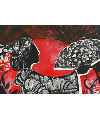 CHRISTY - Geisha au Jardin Rouge, tableau figuratif,  acrylique et encre sur toile Découvrez la collection