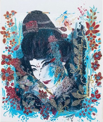 CHRISTY - KAE (tableau, Aquarelle, encre et bandes japonisantes / papier marouflé sur toile) le des métaux précieux